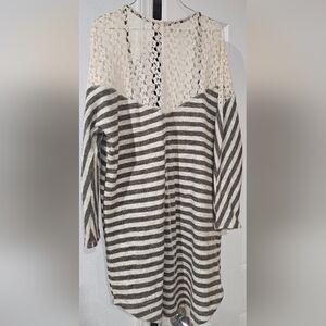Umgee Beige and Dark Brown Striped Sweater with Crochet Detail